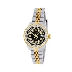 Women's Diamond Watch Rolex Datejust Gold 26mm Black Dial W00309