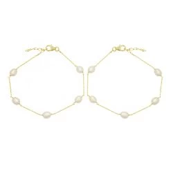 Gold Plated 925 Sterling Silver Beaded Bracelet With White Freshwater Rice Pearls, Approx 8" + 1" Extender Chain, (Pack Of 2)