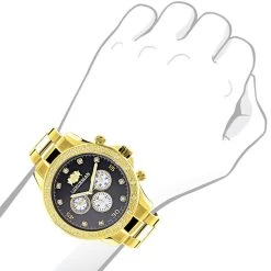 Black Dial Yellow Gold Plated Luxurman Diamond Watch For Men 0.2ct New -Fashion Accessories black dial yellow gold plated luxurman diamond watch for men 02ct new 3