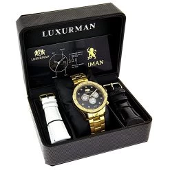 Black Dial Yellow Gold Plated Luxurman Diamond Watch For Men 0.2ct New -Fashion Accessories black dial yellow gold plated luxurman diamond watch for men 02ct new 4