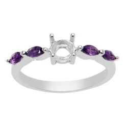 925 Sterling Silver Ring Mount With Amethyst Marquise Side Detail (To Fit 5mm Round Gemstone)