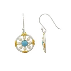 925 Sterling Silver Cabochon Round Earrings, With Sleeping Beauty And Freshwater Pearls Approx 30x15mm