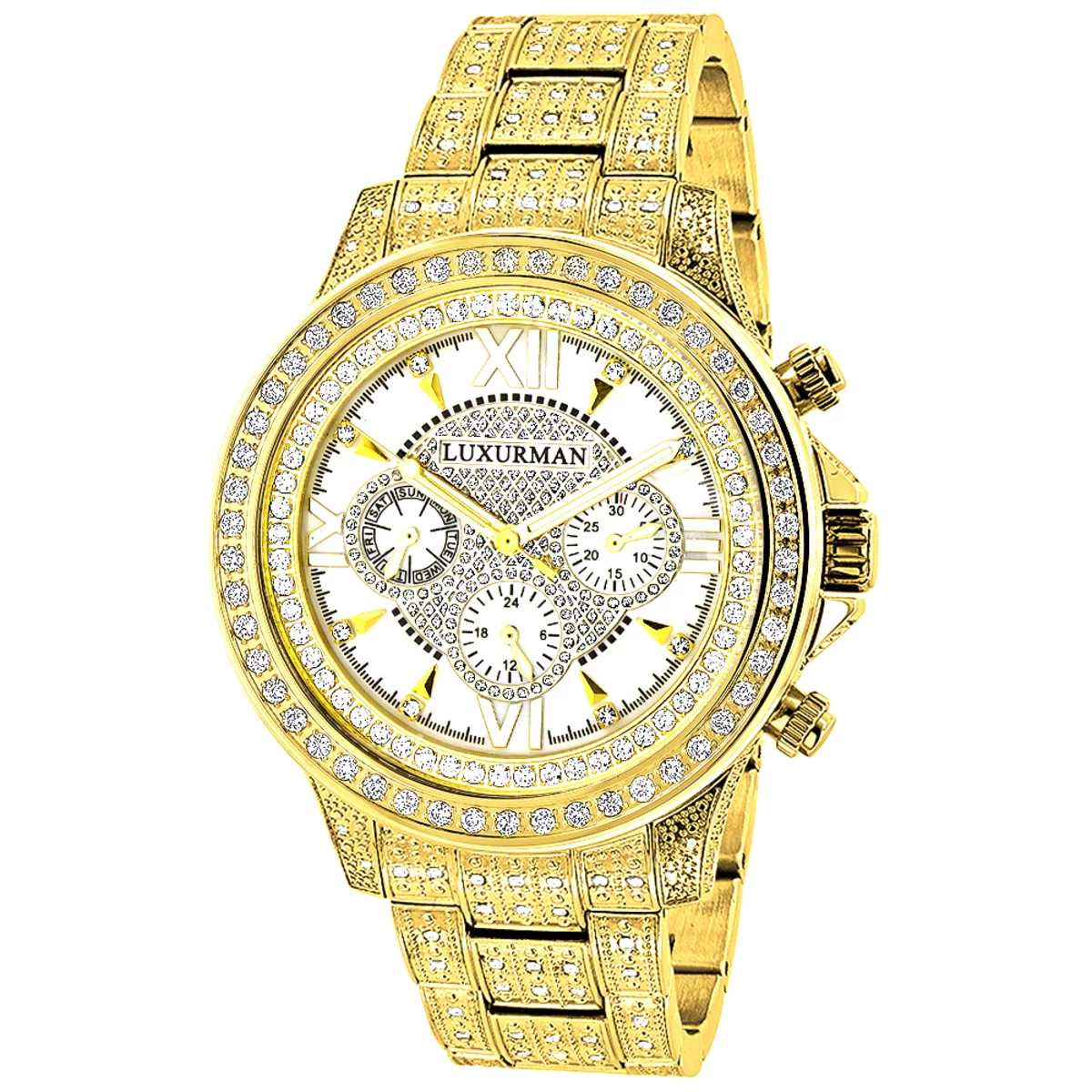 Fully Iced Out Men's Diamond Watch 3ct Yellow Gold Plt Luxurman Swiss Movmnt 3 Fully Iced Out Men's Diamond Watch 3ct Yellow Gold Plt Luxurman Swiss Movmnt