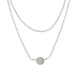 925 Sterling Silver 2 Row Cable Chain Necklace With White Opal Charm 16" + 2"
