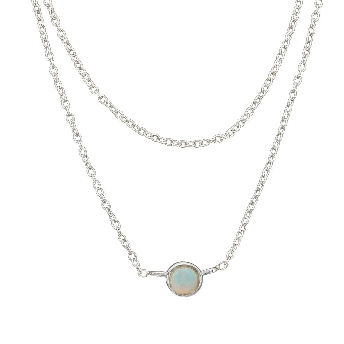 925 Sterling Silver 2 Row Cable Chain Necklace With White Opal Charm 16" + 2" 3 925 Sterling Silver 2 Row Cable Chain Necklace With White Opal Charm 16" + 2"