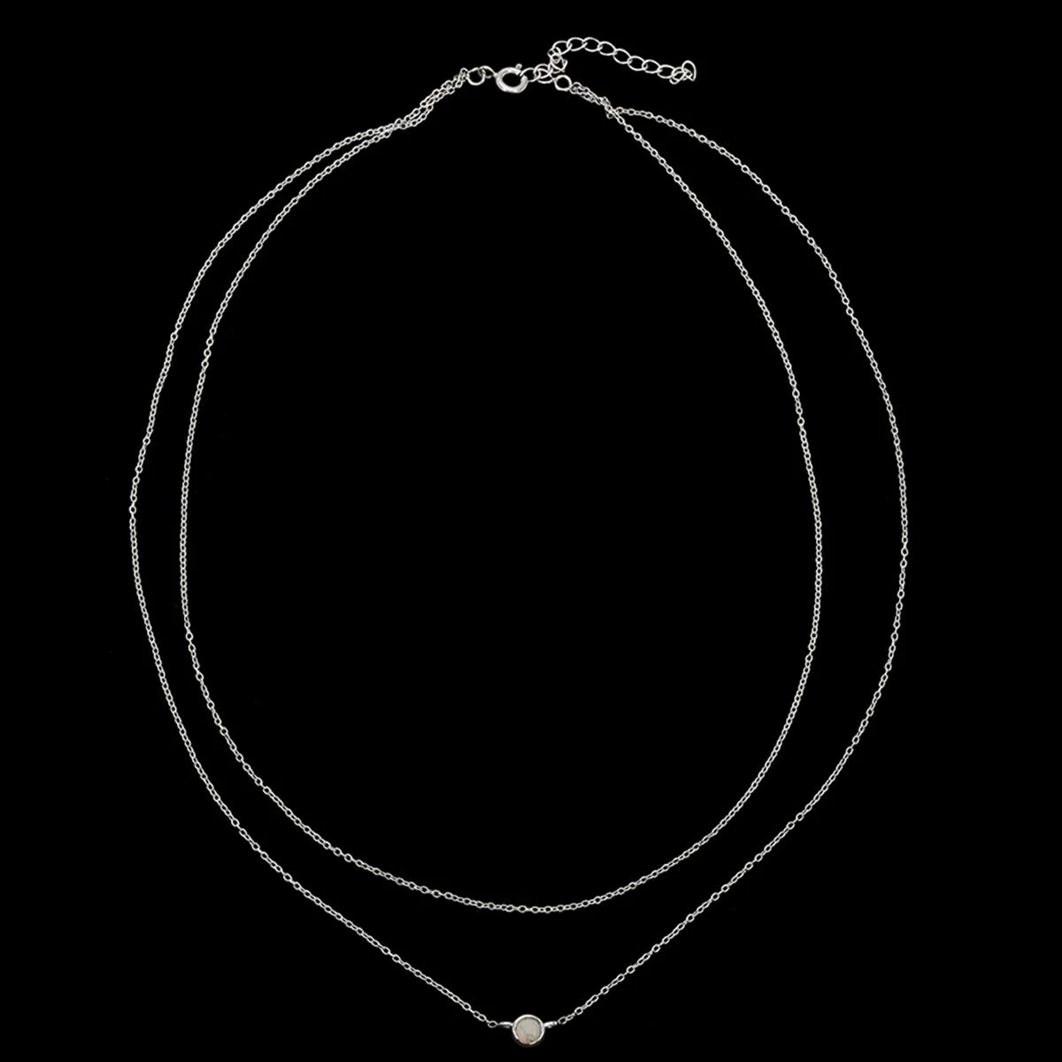 925 Sterling Silver 2 Row Cable Chain Necklace With White Opal Charm 16" + 2" 4 925 Sterling Silver 2 Row Cable Chain Necklace With White Opal Charm 16" + 2" - Image 2