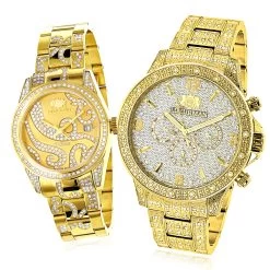 His And Hers Luxurman Diamond Watch Set Yellow Gold Plated 4.25ct