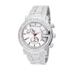 Iced Out Men's Diamond Gucci G-Chrono Watch White Chronograph Dial 15ct YA101339