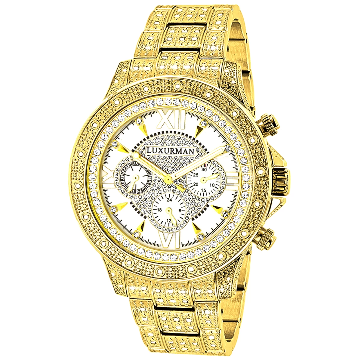 Iced Out Men's Luxurman Watch With Diamond Band 1.25ct Yellow Gold Plated 3 Iced Out Men's Luxurman Watch With Diamond Band 1.25ct Yellow Gold Plated