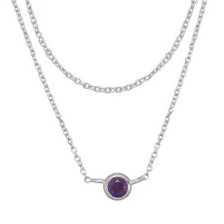 925 Sterling Silver 2 Row Cable Chain Necklace With Amethyst Charm 16" + 2"