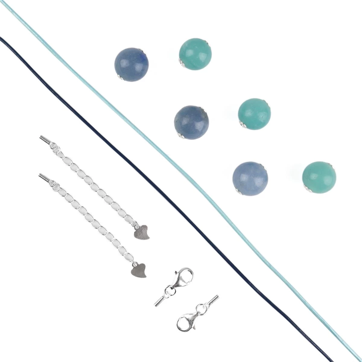 3x Blue Aventurine Rounds & 3x Chinese Amazonite Rounds Approx 10mm, Dark & Metallic Blue Leather Cord, 1m, Includes 925 Sterling Silver 3 3x Blue Aventurine Rounds & 3x Chinese Amazonite Rounds Approx 10mm, Dark & Metallic Blue Leather Cord, 1m, Includes 925 Sterling Silver