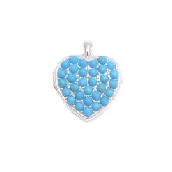 925 Sterling Silver Heart Shaped Locket Pendant 21x19mm With 2.5mm Turquoise Round Cabs