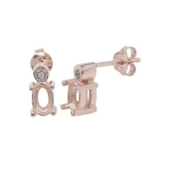 Rose Gold Plated 925 Sterling Silver Oval Earring Mount (To Fit 6x4mm Gemstones) Inc. 0.03cts White Zircon Brilliant Cut Round 1.25mm - 1Pair