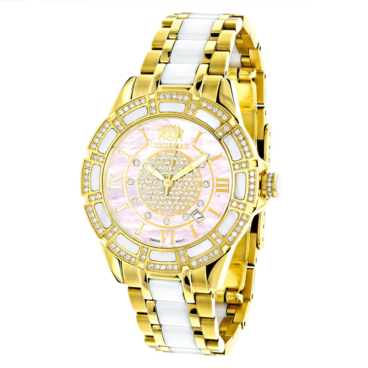 Ladies Diamond Yellow Gold Pld Steel & White Ceramic Watch Pink MOP 3 Ladies Diamond Yellow Gold Pld Steel & White Ceramic Watch Pink MOP
