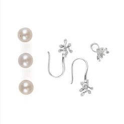 925 Sterling Silver Floral Earrings With Pearl Pegs & Pendant With Peg + 3pcs, White Freshwater Pearls & White Topaz