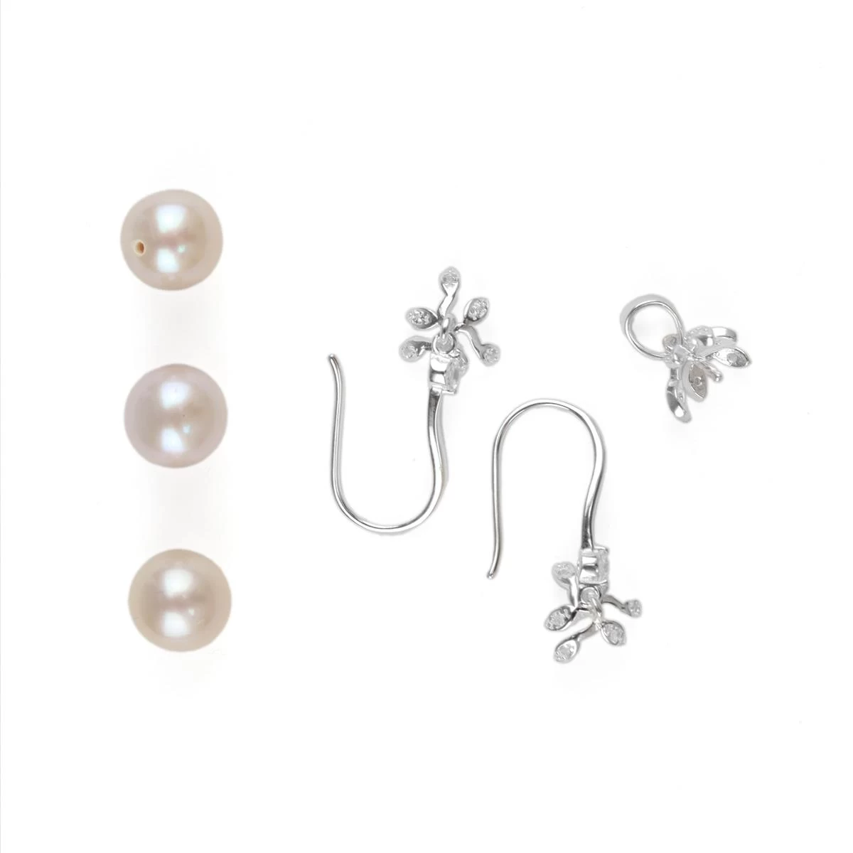 925 Sterling Silver Floral Earrings With Pearl Pegs & Pendant With Peg + 3pcs, White Freshwater Pearls & White Topaz 3 925 Sterling Silver Floral Earrings With Pearl Pegs & Pendant With Peg + 3pcs, White Freshwater Pearls & White Topaz