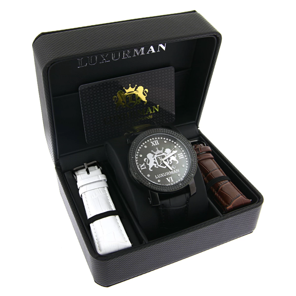 Luxurman Large Black Diamond Watch For Men With Leather Band 0.12ct 6 Luxurman Large Black Diamond Watch For Men With Leather Band 0.12ct - Image 4