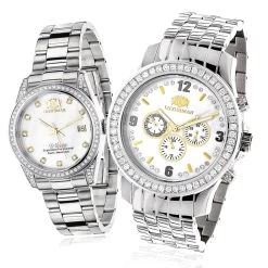 Matching His And Hers Luxurman Diamond Watch Set Gold Plated 4ct