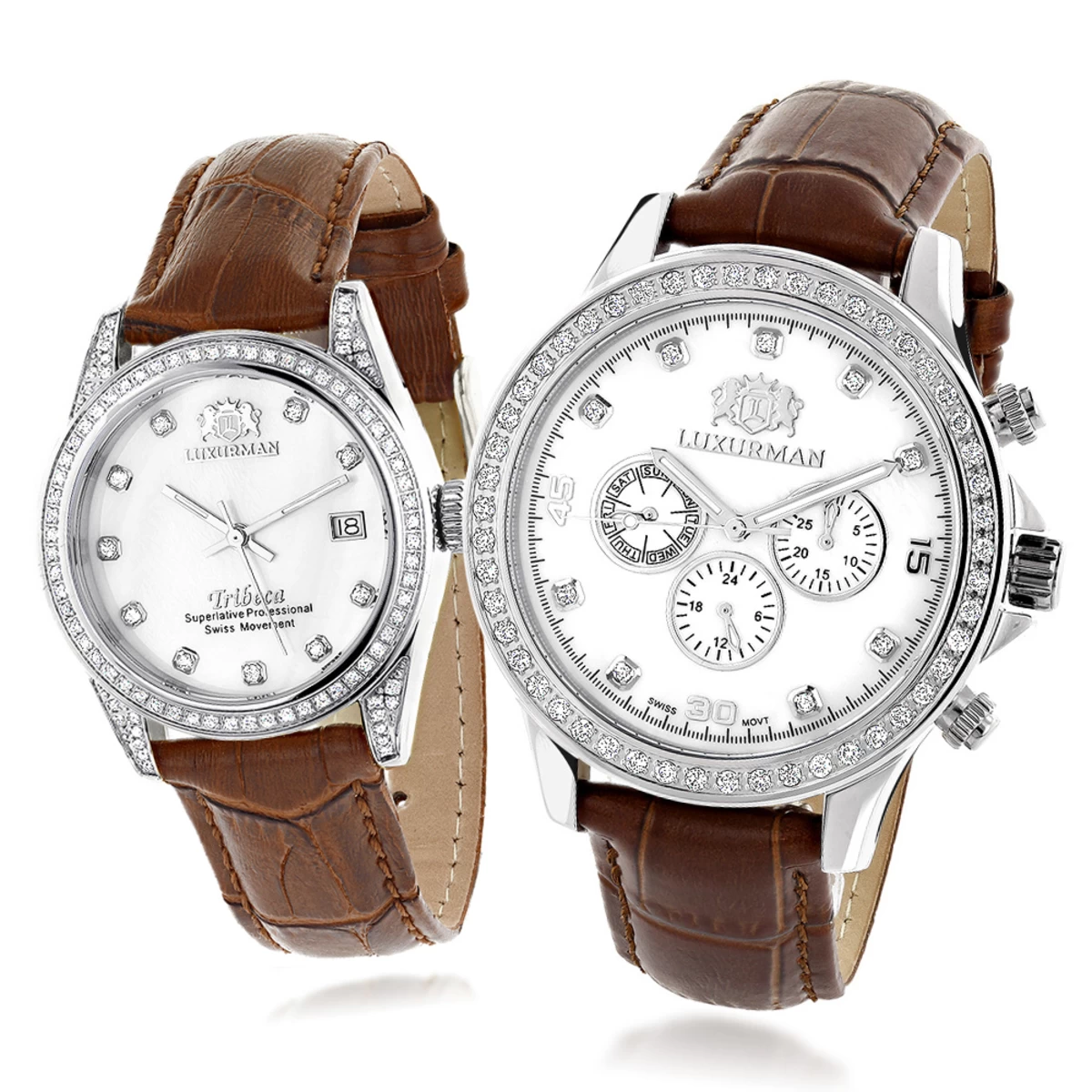 Matching His And Hers Luxurman White Gold Plated Diamond Watch Set 3 Matching His And Hers Luxurman White Gold Plated Diamond Watch Set