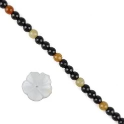 Burmese Sunset: White Jadeite Flower Approx 20mm, Yellow & Black Jadeite Rounds, Approx 6mm, 20cm Strand