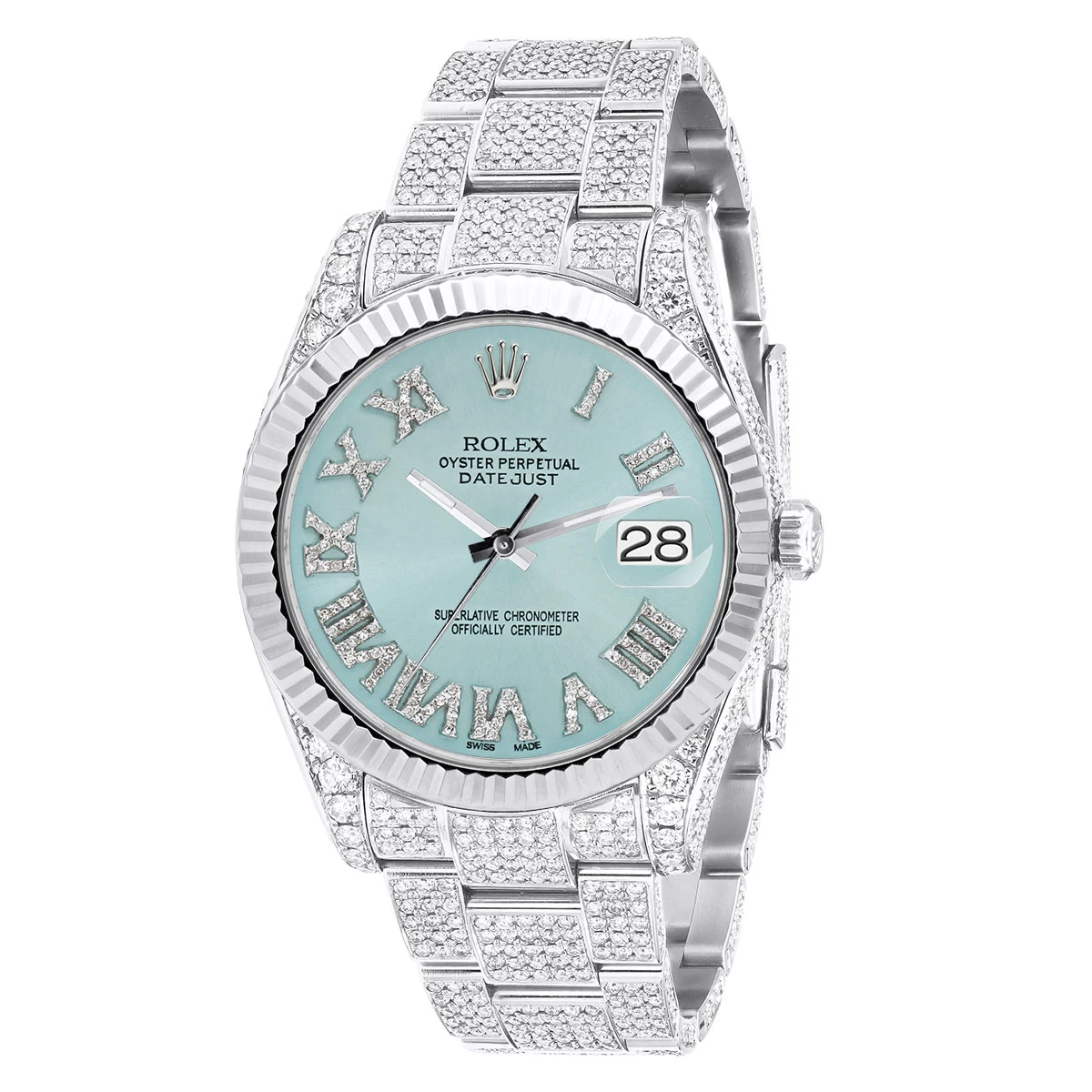 Men's Diamond Iced Out Watch Rolex Datejust 41mm Light Blue Roman Numerals Dial 3 Men's Diamond Iced Out Watch Rolex Datejust 41mm Light Blue Roman Numerals Dial