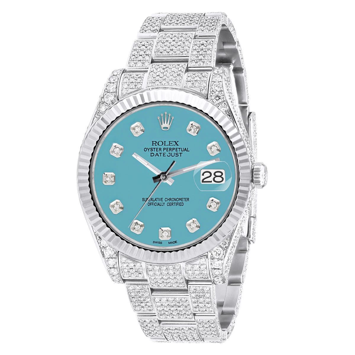 Men's Diamond Iced Out Watch Rolex Datejust 41mm Turquoise Dial Oyster Bracelet 3 Men's Diamond Iced Out Watch Rolex Datejust 41mm Turquoise Dial Oyster Bracelet
