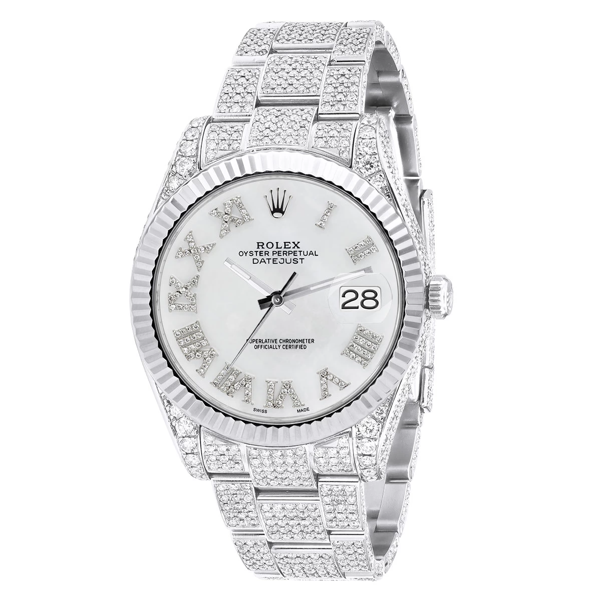 Men's Diamond Iced Out Watch Rolex Datejust 41mm White Roman Numerals Dial MoP 3 Men's Diamond Iced Out Watch Rolex Datejust 41mm White Roman Numerals Dial MoP