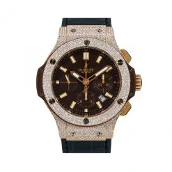 Men's Diamond Watch Hublot Big Bang 18K Gold 41mm Brown Dial