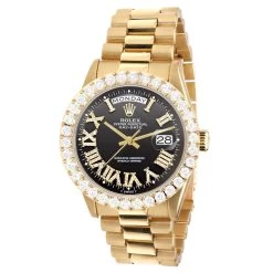 Men's Gold Watch Rolex Day-Date 36mm Black Roman Numerals Dial President Bracelet Diamond 4ct Bezel