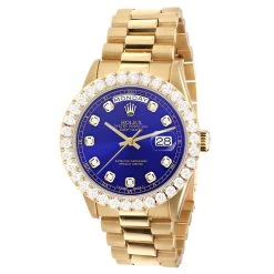 Men's Gold Watch Rolex Day-Date 36mm Blue Dial President Bracelet Diamond 4ct Bezel