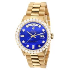 Men's Gold Watch Rolex Day-Date 36mm Blue Mother Of Pearl Dial President Bracelet Diamond 4ct Bezel