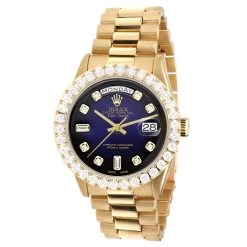 Men's Gold Watch Rolex Day-Date 36mm Dark Blue Dial President Bracelet Diamond 4ct Bezel