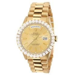 Men's Gold Watch Rolex Day-Date 36mm Gold Tone Dial President Bracelet Diamond 4ct Bezel
