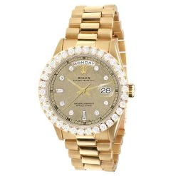 Men's Gold Watch Rolex Day-Date 36mm Gold Tone Printed Dial President Bracelet Diamond 4ct Bezel