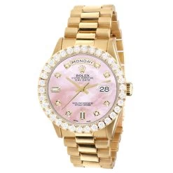 Men's Gold Watch Rolex Day-Date 36mm Rose Mother Of Pearl Dial President Bracelet Diamond 4ct Bezel
