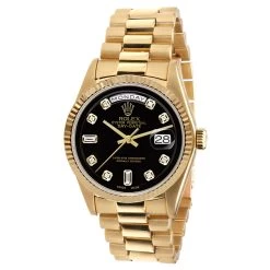 Men's Gold Watch Rolex Day-Date Diamond 36mm Pure Black Dial President Bracelet
