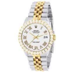 Men's Watch Rolex Datejust 36mm Milky White Roman Numerals Dial Jubilee Bracelet Diamond 4ct Bezel