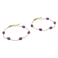 Gold Plated 925 Sterling Silver Beaded Bracelet With Dyed Purple Freshwater Cultured Rice Pearls, Approx 8" + 1" Extender Chain, (Pack Of 2)