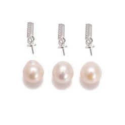 Silver Plated Pave Base Metal Bails, Approx 10mm (3pk) And Half Drilled Near Round White Pearls Approx 10mm (3pk)