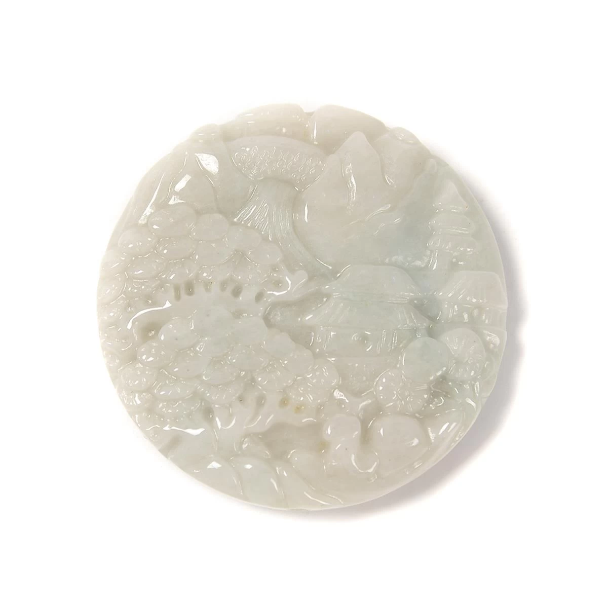310cts Type A Jadeite Both Side Carved Landscape Piece, Approx. 50mm 3 310cts Type A Jadeite Both Side Carved Landscape Piece, Approx. 50mm