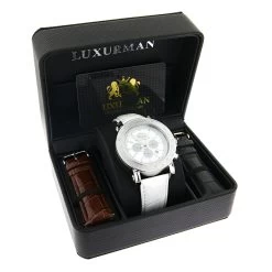 Oversized Men's Diamond Watch Leather Band W White Mop Luxurman Escalade -Fashion Accessories oversized mens diamond watch 025ct white mop luxurman escalade chronograph 2 box