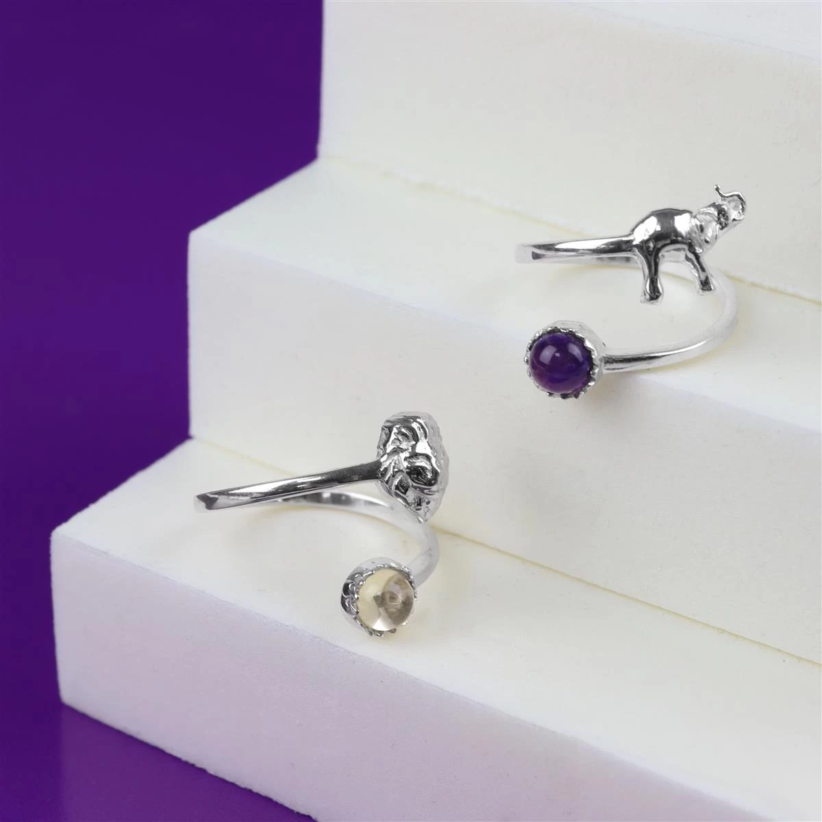 925 Sterling Silver Jungle Themed Adjustable Rings With Cabochons, 2pcs 5 925 Sterling Silver Jungle Themed Adjustable Rings With Cabochons, 2pcs - Image 3