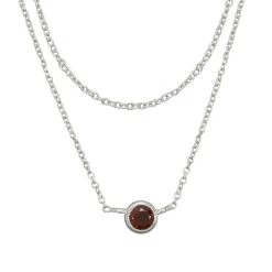 925 Sterling Silver 2 Row Cable Chain Necklace With Red Garnet Charm 16" + 2"