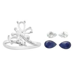 Blue Butterfly Adjustable Ring With Blue Sapphire And Sky Blue Topaz Approx 6x4mm, 5x3mm