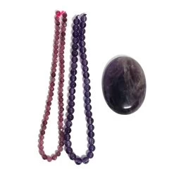100 Cts Purple Aztec Pendant Kit (Amethyst Calibrated Oval, 40x30mm & Faceted Round Ruby, 3mm; 20cm Strand & Plain Round Amethyst, 4mm; 20cm Strand)