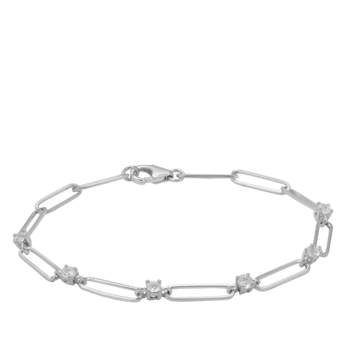 925 Sterling Silver Round & Long Link Bracelet With White Topaz, Approx 7 Inch 3 925 Sterling Silver Round & Long Link Bracelet With White Topaz, Approx 7 Inch