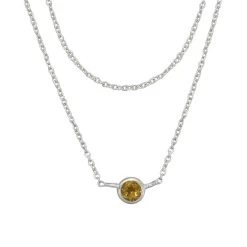 925 Sterling Silver 2 Row Cable Chain Necklace With Citrine Charm 16" + 2"