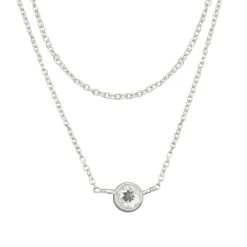 925 Sterling Silver 2 Row Cable Chain Necklace With Aquamarine Charm 16" + 2"