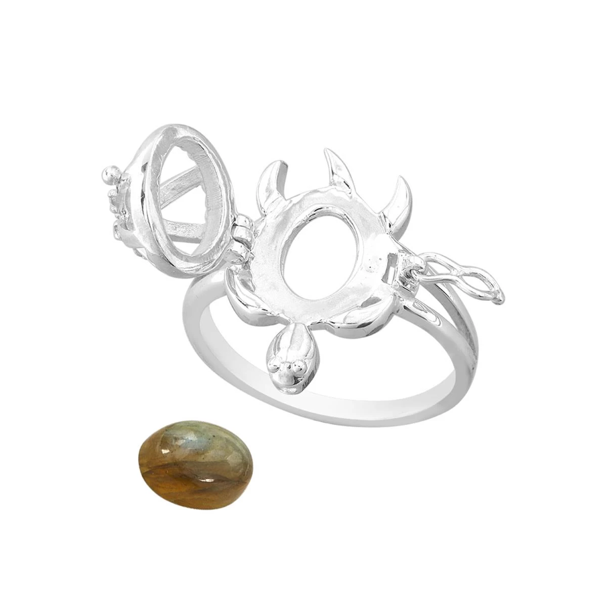 925 Sterling Silver Turtle Ring With 1.60cts Labradorite Cabochon & White Zircon 4 925 Sterling Silver Turtle Ring With 1.60cts Labradorite Cabochon & White Zircon - Image 2