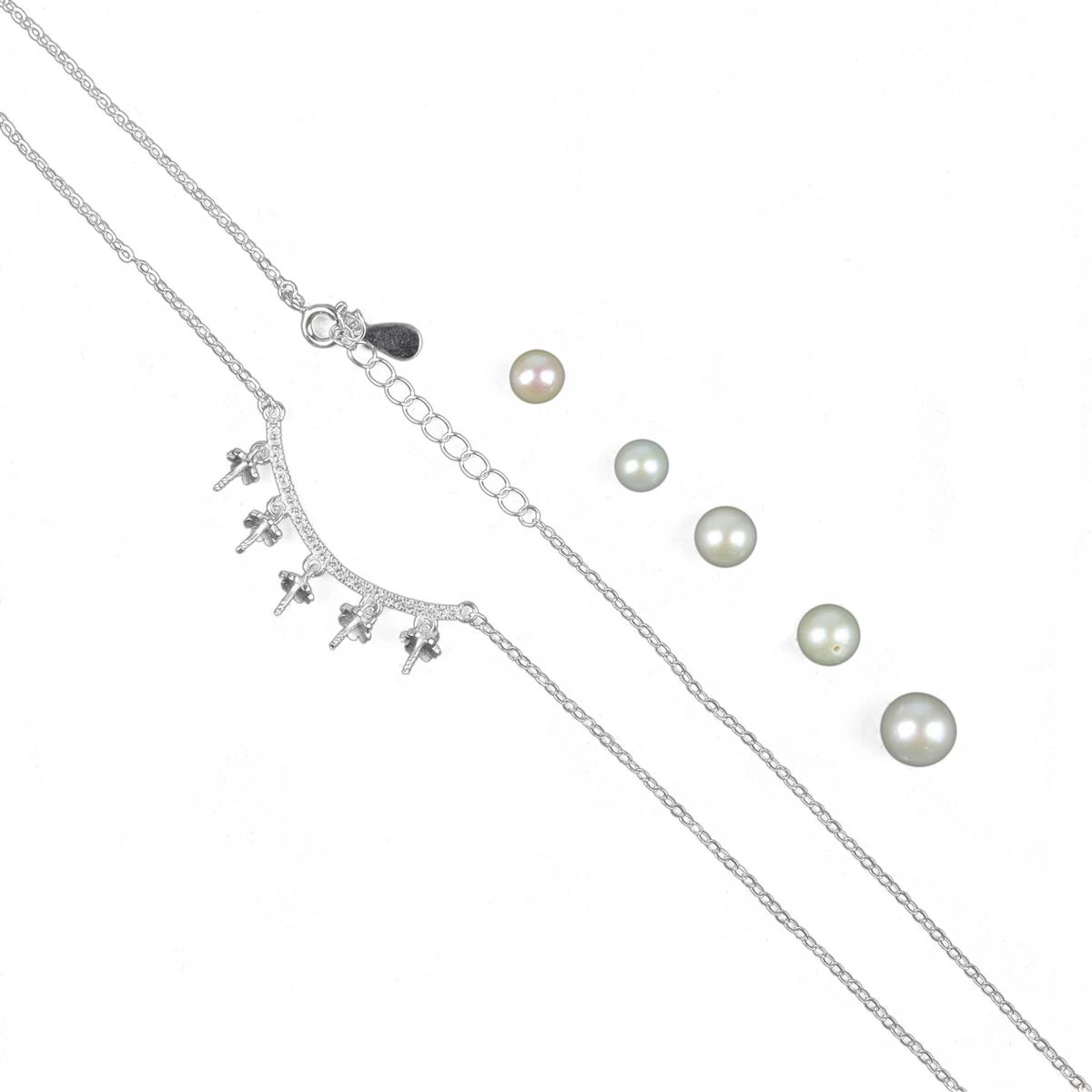 925 Sterling Silver Necklace With White Zircon & 5pcs White Freshwater Cultured Pearls (Approx 5mm, 6mm & 8mm) 3 925 Sterling Silver Necklace With White Zircon & 5pcs White Freshwater Cultured Pearls (Approx 5mm, 6mm & 8mm)